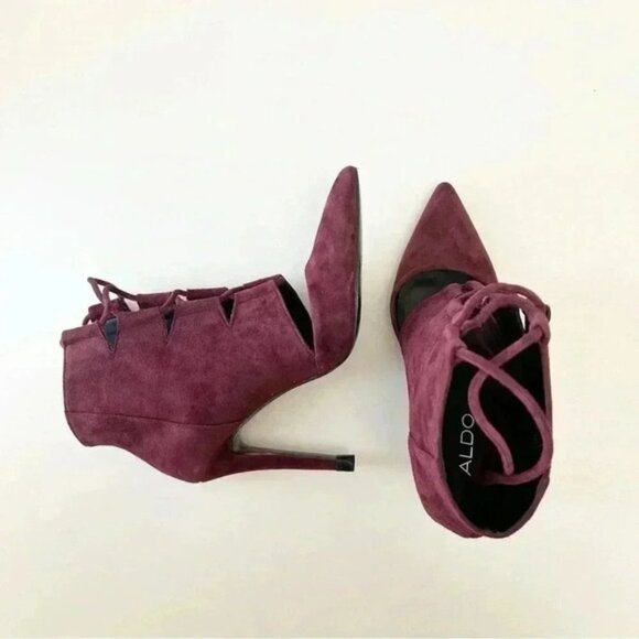 Aldo Ankle Boots Lace Up High Stiletto Heel CutOut Burgundy Suede Size 7.5 - Picture 13 of 16
